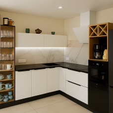 Белая  угловая кухня с акриловыми фасадами и кварцевой столешницей,   модель KUH-1