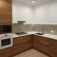 Двухцветная угловая кухня с акриловыми фасадами  и ЛДСП, модель KUH-4