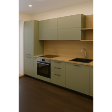 Прямая кухня KUH-26 в современном стиле с матовыми чёрными фасадами и древесной текстурой,  модель KUH-25 