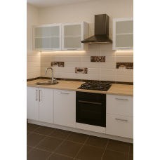 Прямая кухня KUH-27 в современном стиле с белыми фасадами, столешницей из постформинга под дерево и стеклянными витринами, модель KUH-26